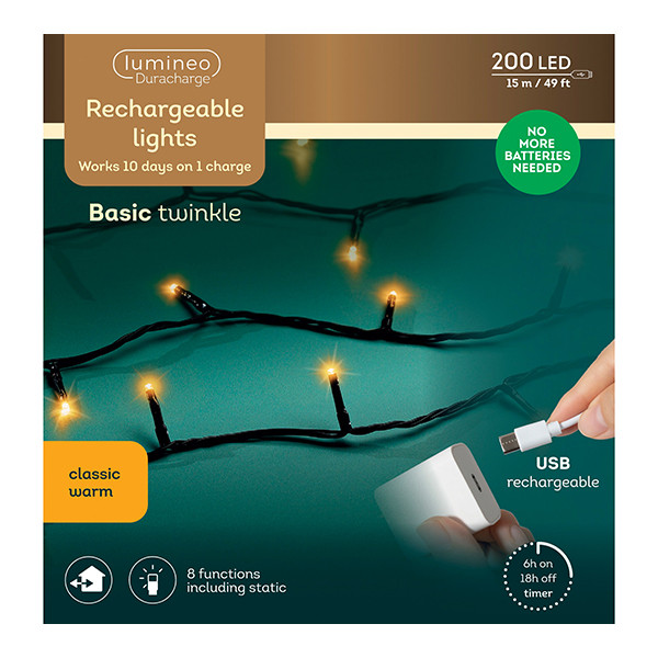 Kerstverlichting 15 meter | Duracharge oplaadbaar | Extra warm wit | 200 lampjes | Lumineo LLU00444 - 4