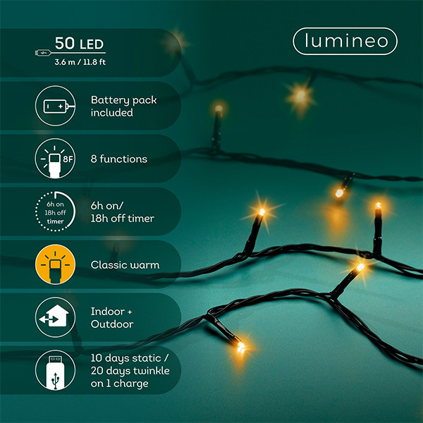 Kerstverlichting 3.6 meter | Duracharge oplaadbaar | Extra warm wit | 50 lampjes | Lumineo LLU00440 - 2
