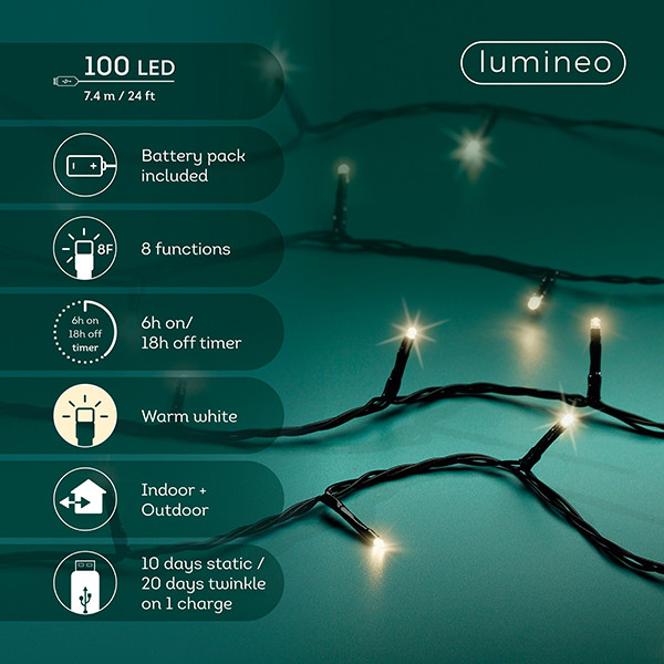 Kerstverlichting 7.4 meter | Duracharge oplaadbaar | Warm wit | 100 lampjes | Lumineo LLU00441 - 2