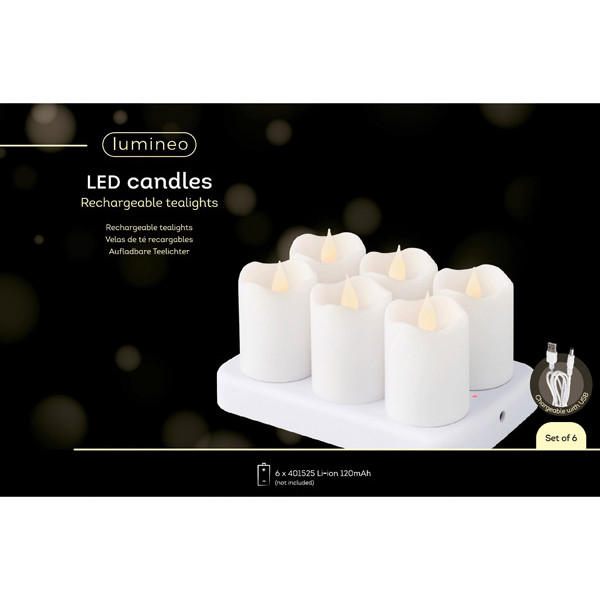 Lumineo Oplaadbare led kaarsen	| 6 x 4 cm | Wit | Bewegende vlam | 6 stuks | Lumineo  LLU00267 - 3