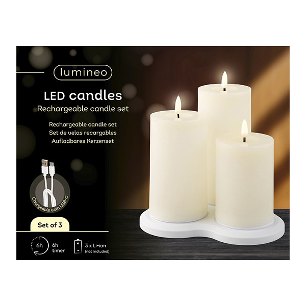 Oplaadbare led kaarsen | 7,5 x 10 cm, 12,5 cm, 17 cm | Creme | 3D vlam | 3 stuks | Lumineo LLU00246 - 3
