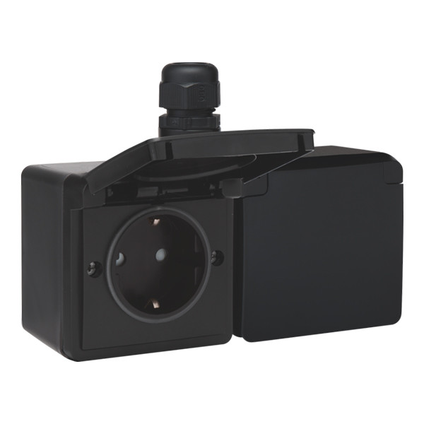 Niko Hydro dubbele wandcontactdoos horizontaal | IP55 | Opbouw | Zwart  LNI00009 - 1