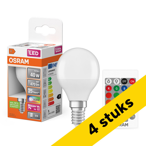 Aanbieding: 4x Osram LED lamp E14 | Kogel P45 | Mat | RGB + 2700K | Dimbaar | 4.9W (40W) LOS02652 - 1