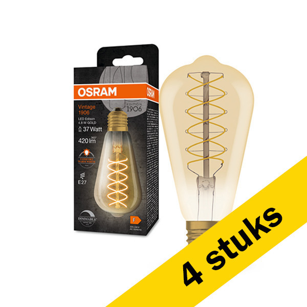 Aanbieding: 4x Osram LED lamp E27 | Edison ST64 | Goud | 2200K | Dimbaar | 4.8W (37W) LOS00490 - 1