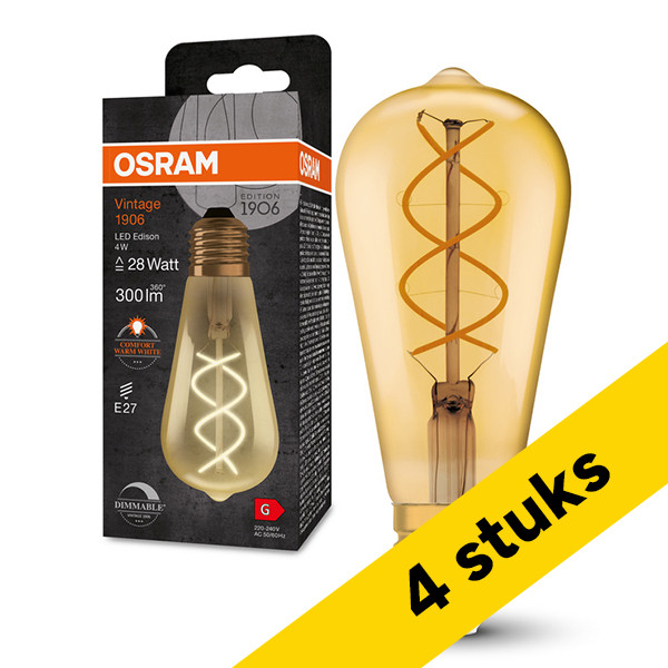 Aanbieding: 4x Osram LED lamp E27 | Edison ST64 | Vintage 1906 | Filament | Goud | 2000K | Dimbaar | 4W (28W) LOS02540 - 1