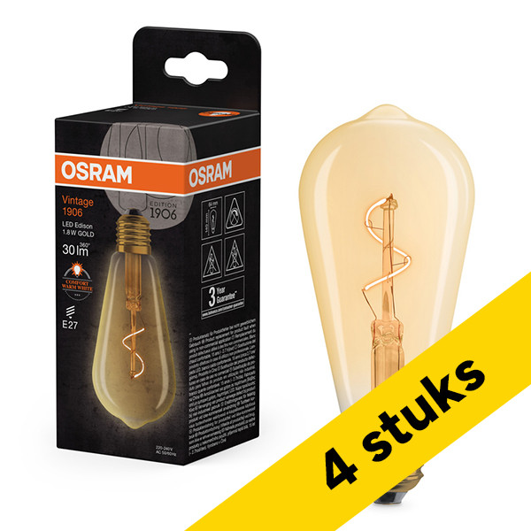 Aanbieding: 4x Osram LED lamp E27 | Edison ST64 | Vintage 1906 | Filament | Goud | 2200K | 1.8W (0W) LOS02578 - 1