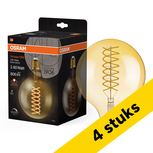 Aanbieding: 4x Osram LED lamp E27 | Globe G125 | Vintage 1906 | Filament | Goud | 2400K | Dimbaar | 8.4W (60W) LOS02552 - 1