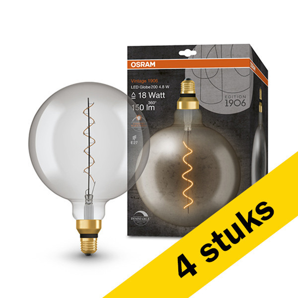 Aanbieding: 4x Osram LED lamp E27 | Globe G200 | Vintage 1906 Spiral | Smoke | 1800K | Dimbaar | 4.8W (16W) LOS00474 - 1