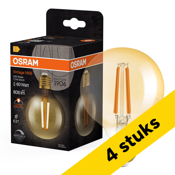 Aanbieding: 4x Osram LED lamp E27 | Globe G80 | Vintage 1906 | Filament | Goud | 2400K | Dimbaar | 7.2W (60W) LOS02532 - 1
