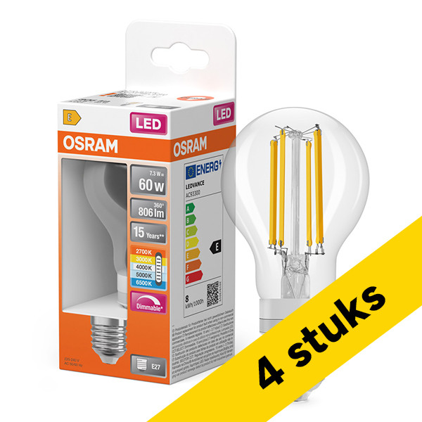 Aanbieding: 4x Osram LED lamp E27 | Peer A60 | Helder | 2700-6500K | Dimbaar | 7.3W (60W) LOS02644 - 1