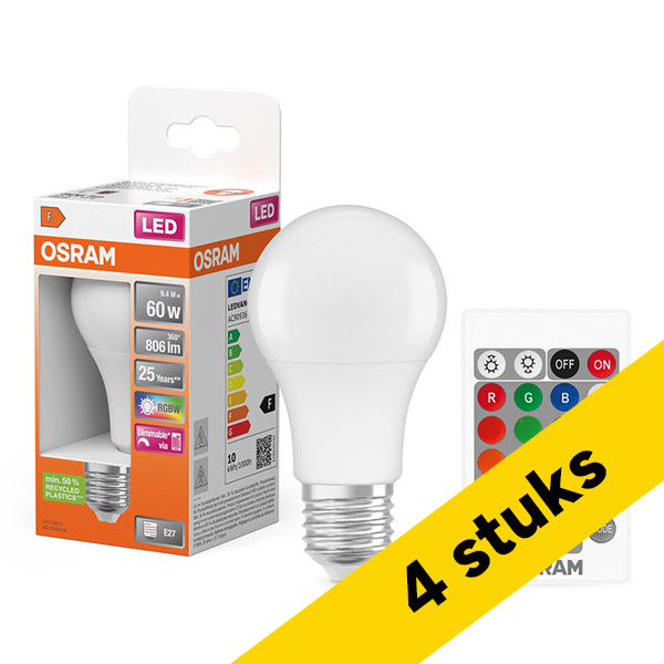 Aanbieding: 4x Osram LED lamp E27 | Peer A60 | Mat | RGB + 2700K | Dimbaar | 9.4W (60W) LOS02648 - 1