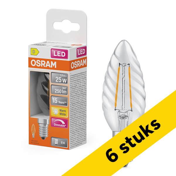 Aanbieding: 6x Osram LED lamp E14 | Kaars B35 | Filament | Helder | 2700K | Dimbaar | 1.8W (25W) LOS02101 - 1