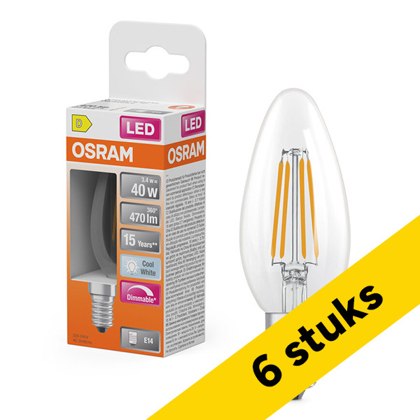 Aanbieding: 6x Osram LED lamp E14 | Kaars B35 | Filament | Helder | 4000K | Dimbaar | 3.4W (40W) LOS02129 - 1