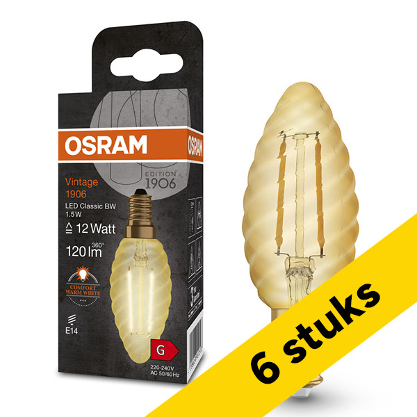 Aanbieding: 6x Osram LED lamp E14 | Kaars B35 | Vintage 1906 | Filament | Goud | 2400K | 1.5W (12W) LOS01482 - 1