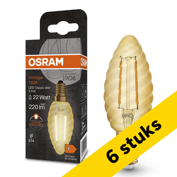 Aanbieding: 6x Osram LED lamp E14 | Kaars B35 | Vintage 1906 | Filament | Goud | 2400K | 2.5W (22W) LOS01484 - 1