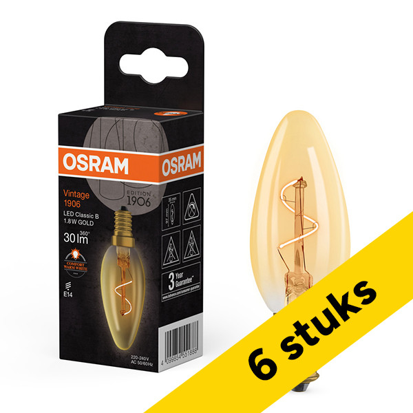Aanbieding: 6x Osram LED lamp E14 | Kaars B40 | Vintage 1906 | Filament | Goud | 2200K | 1.8W (0W) LOS02572 - 1