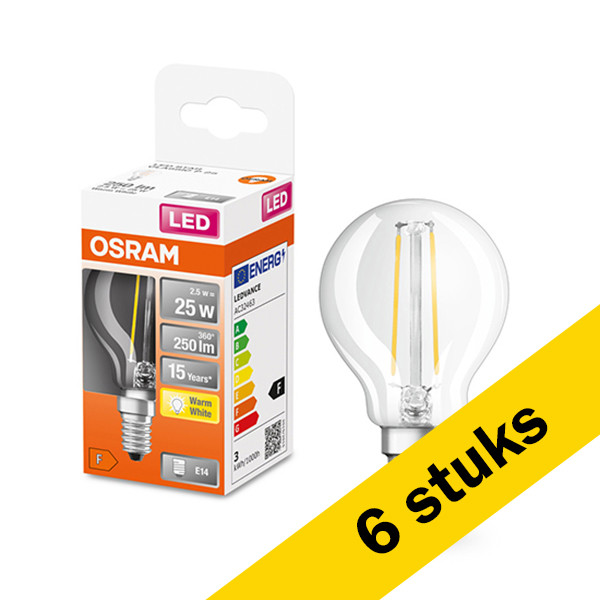 Aanbieding: 6x Osram LED lamp E14 | Kogel P45 | Filament | 2700K | 2.5W (25W) LOS00185 - 1