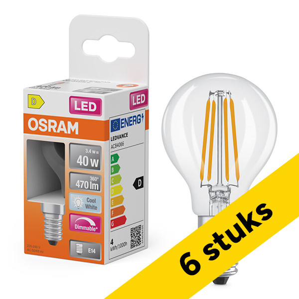 Aanbieding: 6x Osram LED lamp E14 | Kogel P45 | Filament | 4000K | Dimbaar | 3.4W (40W) LOS02161 - 1