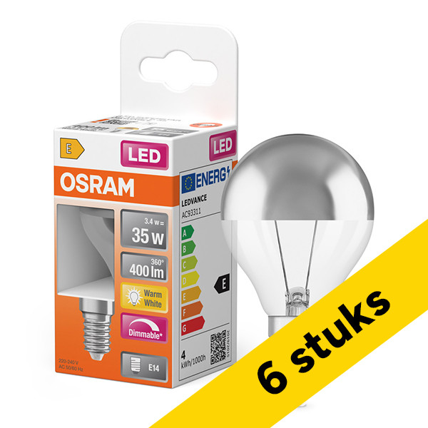 Aanbieding: 6x Osram LED lamp E14 | Kogel P45 | Kopspiegel | Zilver | 2700K | Dimbaar | 3.4W (35W) LOS02412 - 1