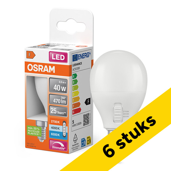 Aanbieding: 6x Osram LED lamp E14 | Kogel P45 | Mat | 2700-6500K | Dimbaar | 4.9W (40W) LOS02416 - 1
