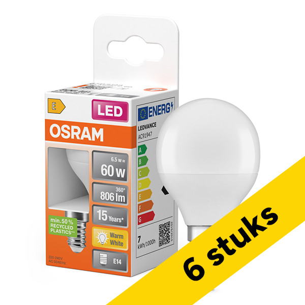 Aanbieding: 6x Osram LED lamp E14 | Kogel P45 | Mat | 2700K | 6.5W (60W) LOS02420 - 1