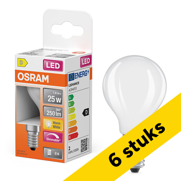 Aanbieding: 6x Osram LED lamp E14 | Kogel P45 | Mat | 2700K | Dimbaar | 1.8W (25W) LOS01878 - 1