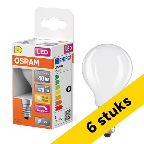 Aanbieding: 6x Osram LED lamp E14 | Kogel P45 | Mat | 2700K | Dimbaar | 3.4W (40W) LOS01882 - 1