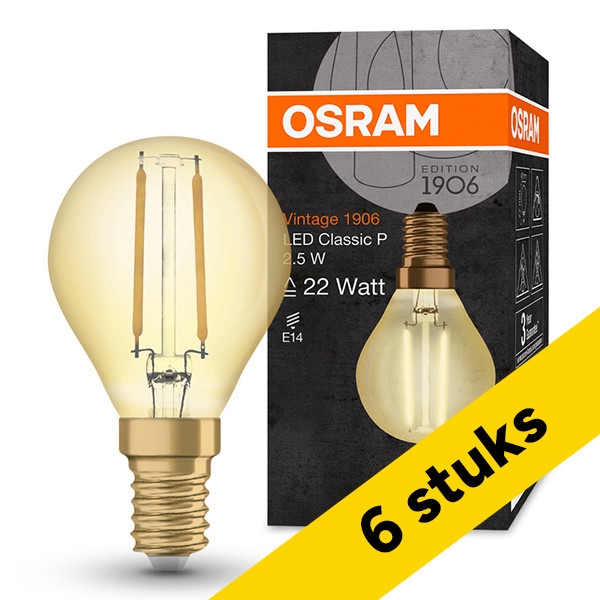 Aanbieding: 6x Osram LED lamp E14 | Kogel P45 | Vintage 1906 | Filament | Goud | 2400K | 2.5W (22W) LOS01496 - 1