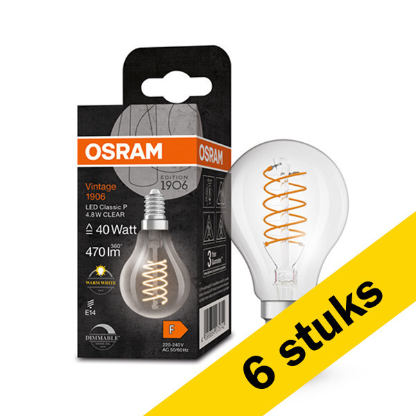 Aanbieding: 6x Osram LED lamp E14 | Kogel P45 | Vintage 1906 Spiral | Helder | 2700K | Dimbaar | 4.8W (40W) LOS00464 - 1