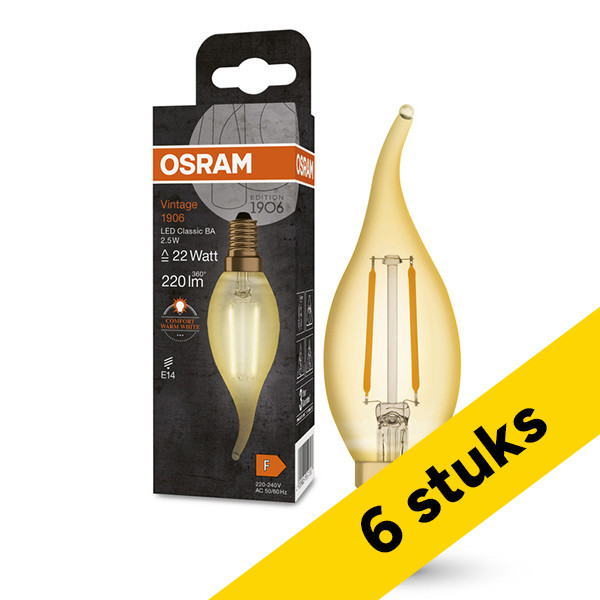 Aanbieding: 6x Osram LED lamp E14 | Sierkaars BA35 | Vintage 1906 | Filament | Goud | 2400K | 2.5W (22W) LOS01480 - 1