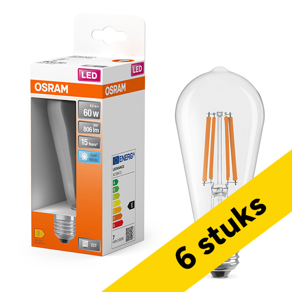 Aanbieding: 6x Osram LED lamp E27 | Edison ST64 | Filament | Helder | 4000K | 6.5W (60W) LOS01710 - 1