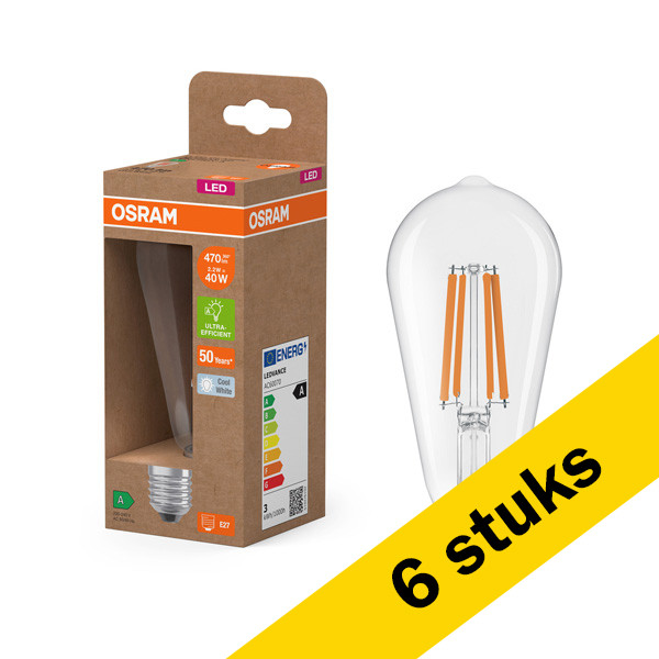 Aanbieding: 6x Osram LED lamp E27 | Edison ST64 | Ultra Efficient | Filament | 4000K | 2.2W (40W) LOS00983 - 1