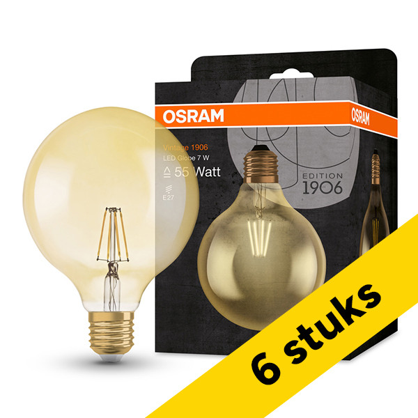 Aanbieding: 6x Osram LED lamp E27 | Globe G124 | Vintage 1906 | Filament | Goud | 2400K | 6.5W (52W) LOS01494 - 1