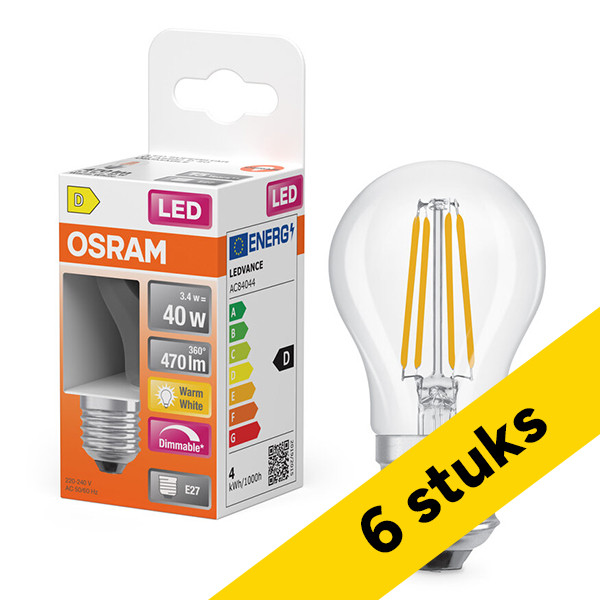Aanbieding: 6x Osram LED lamp E27 | Kogel P45 | Filament | 2700K | Dimbaar | 3.4W (40W) LOS01872 - 1