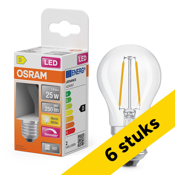 Aanbieding: 6x Osram LED lamp E27 | Kogel P45 | Filament | Helder | 2700K | Dimbaar | 1.8W (25W) LOS01868 - 1