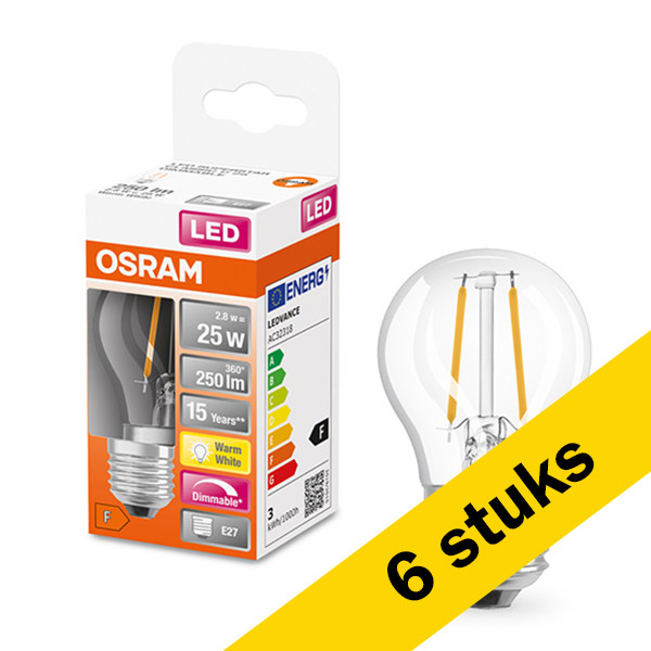 Osram Aanbieding: 6x Osram LED lamp E27 | Kogel P45 | Filament | Helder | 2700K | Dimbaar | 2.8W (25W)  LOS00159 - 1