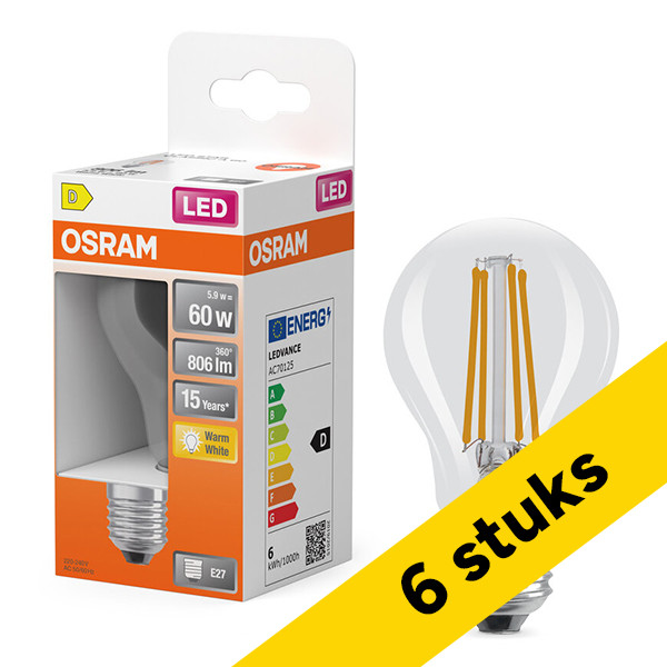 Aanbieding: 6x Osram LED lamp E27 | Peer A60 | Filament | 2700K | 5.9W (60W) LOS01828 - 1