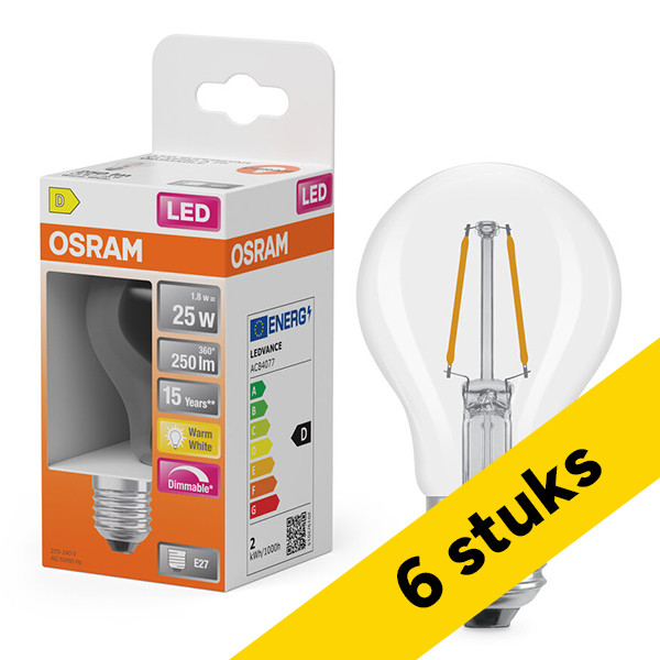 Aanbieding: 6x Osram LED lamp E27 | Peer A60 | Filament | 2700K | Dimbaar | 1.8W (25W) LOS01806 - 1