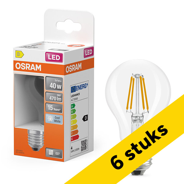 Aanbieding: 6x Osram LED lamp E27 | Peer A60 | Filament | 4000K | 3.4W (40W) LOS01826 - 1