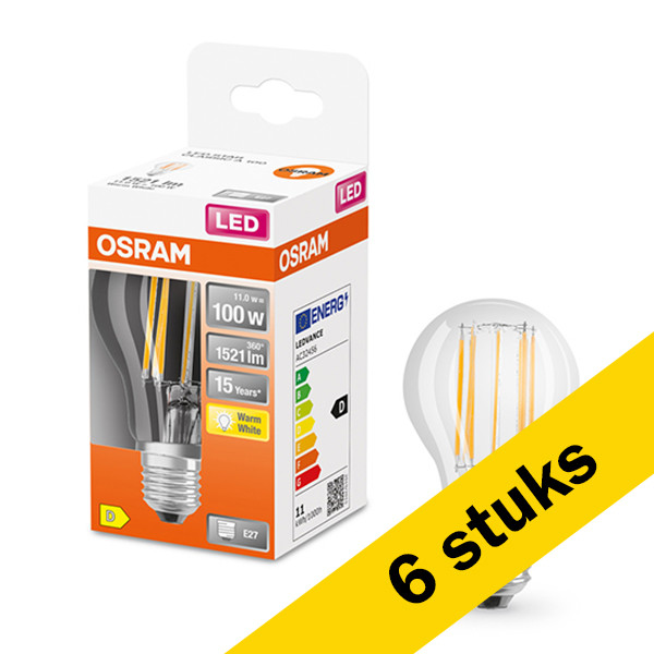 Osram Aanbieding: 6x Osram LED lamp E27 | Peer A60 | Filament | Helder | 2700K | 11W (100W)  LOS00085 - 1