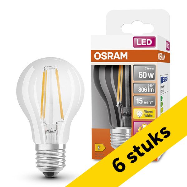 Aanbieding: 6x Osram LED lamp E27 | Peer A60 | Filament | Helder | 2700K | 3-staps dimbaar | 7W (60W) LOS01648 - 1