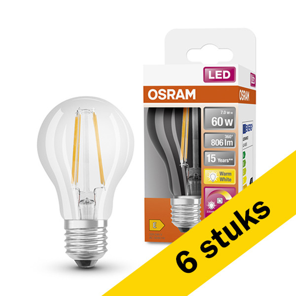 Osram Aanbieding: 6x Osram LED lamp E27 | Peer A60 | GlowDim | Filament | 2200-2700K | Dimbaar | 7W (60W)  LOS00363 - 1