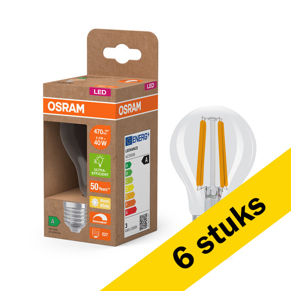 Aanbieding: 6x Osram LED lamp E27 | Peer A60  | Ultra Efficient | Filament | 2700K | Dimbaar | 2.2W (40W) LOS00873 - 1