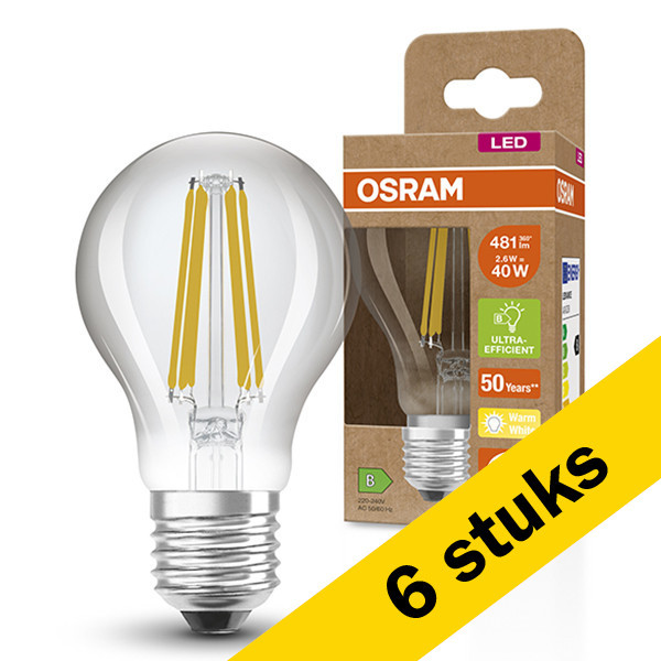 Aanbieding: 6x Osram LED lamp E27 | Peer A60 | Ultra Efficient | Filament | 2700K | Dimbaar | 2.6W (40W) LOS00241 - 1