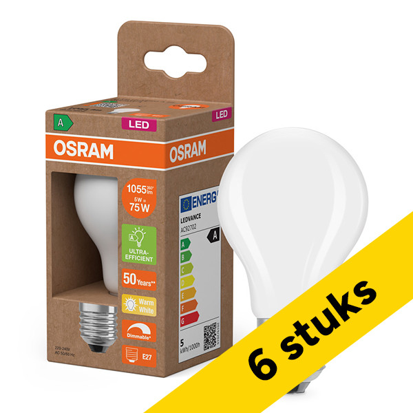 Aanbieding: 6x Osram LED lamp E27 | Peer A60 | Ultra Efficient | Filament | Mat | 2700K | Dimbaar | 5W (75W) LOS02454 - 1