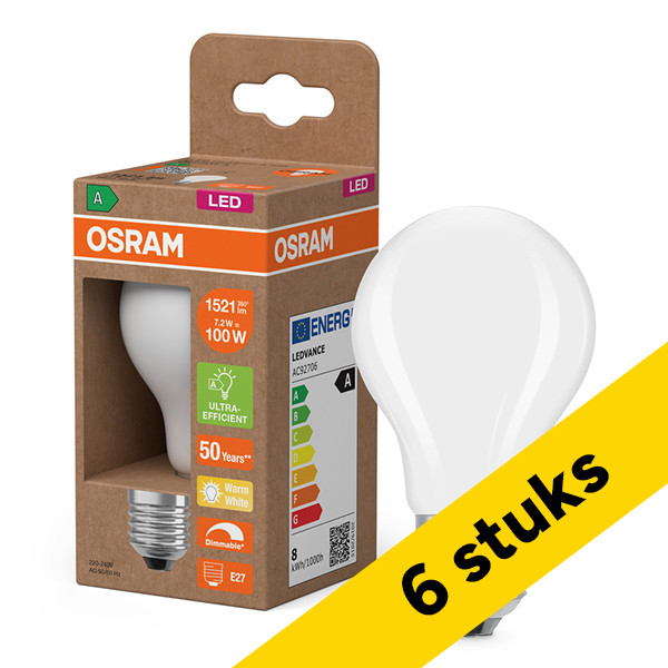 Aanbieding: 6x Osram LED lamp E27 | Peer A60 | Ultra Efficient | Filament | Mat | 2700K | Dimbaar | 7.2W (100W) LOS02458 - 1