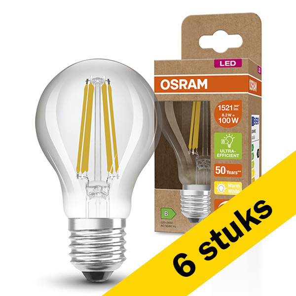 Aanbieding: 6x Osram LED lamp E27 | UltraEfficient | Peer A60 | Filament | 2700K | Dimbaar | 8.2W (100W) LOS00253 - 1