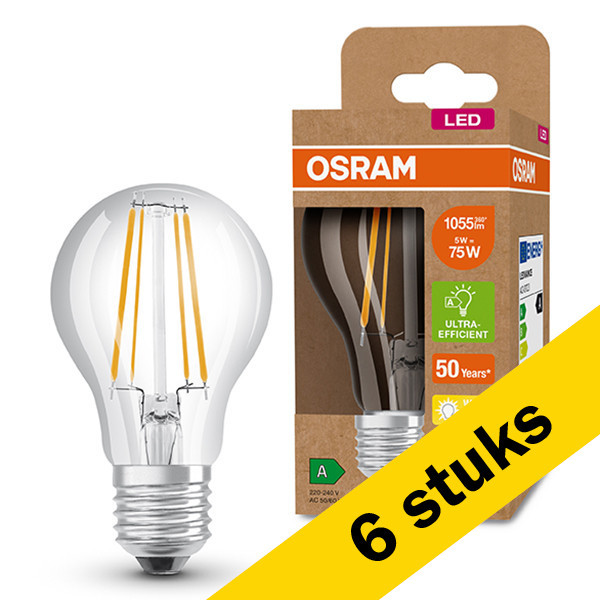 Aanbieding: 6x Osram LED lamp E27 | UltraEfficient | Peer A60 | Filament | 3000K | 5W (75W) LOS00223 - 1