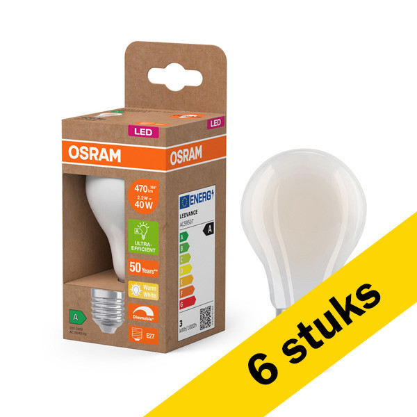 Aanbieding: 6x Osram LED lamp E27 | UltraEfficient | Peer A60 | Mat | 2700K | Dimbaar | 2.2W (40W) LOS00871 - 1