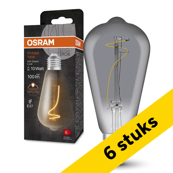 Aanbieding: 6x Osram LED lamp E27 | Vintage 1906 | Edison ST64 | Filament | Smoke | 1800K | 3.4W (10W) LOS01460 - 1
